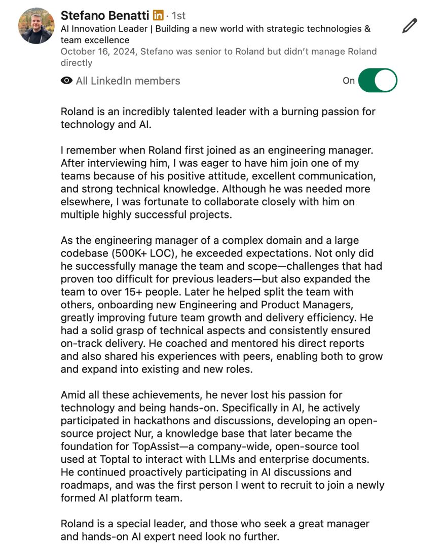 LinkedIn recommendation from Stefano Benatti, AI Innovation Leader, dated October 16 2024, describing Roland's open-source Nur project becoming TopAssist at Toptal